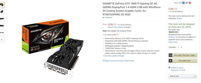 Gigabyte GeForce GTX 1660 Ti Gaming OC 6G listed on Amazon for £286