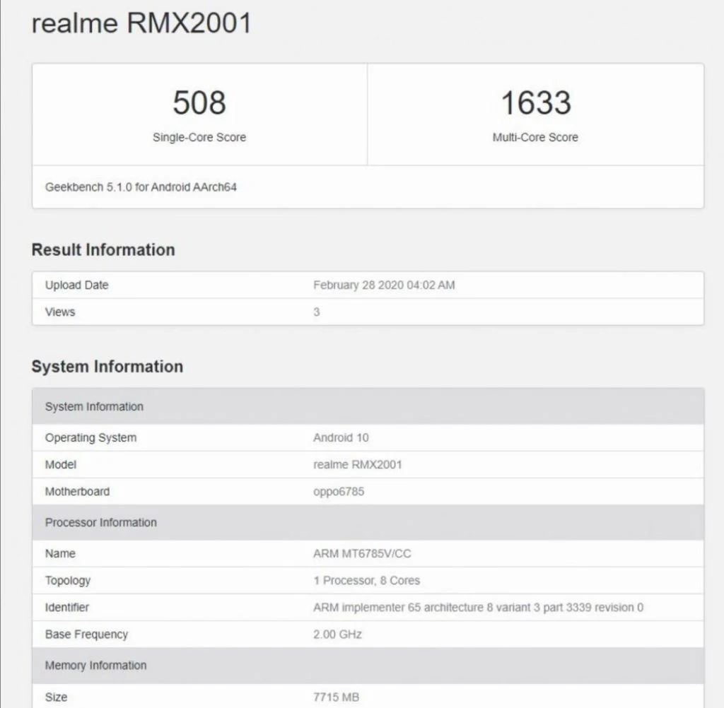 Realme 6 rmx2001 - Realme 6 vs Redmi Note 8 Pro - MediaTek Helio G90 Geekbench benchmark revealed showing the performance difference between Helio G90t & Snapdragon 720G of Realme 6 Pro