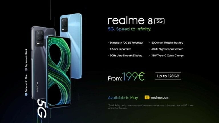 Realme 8 5G Announced with MediaTek Dimensity 700. Realme 8 will be available 12th May.