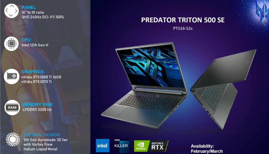 Acer Predator Triton 500 SE - Acer Predator Triton 500 SE Gaming Laptop Announced with Nvidia RTX 3080 Ti & Core i9-12900H + New Helios 300 (PH315-55)