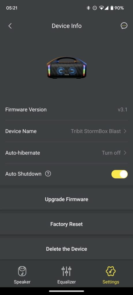 Tribit StormBox Blast Review app settings menue - Tribit StormBox Blast Review – Massive sound from an equally massive semi-portable Bluetooth speaker