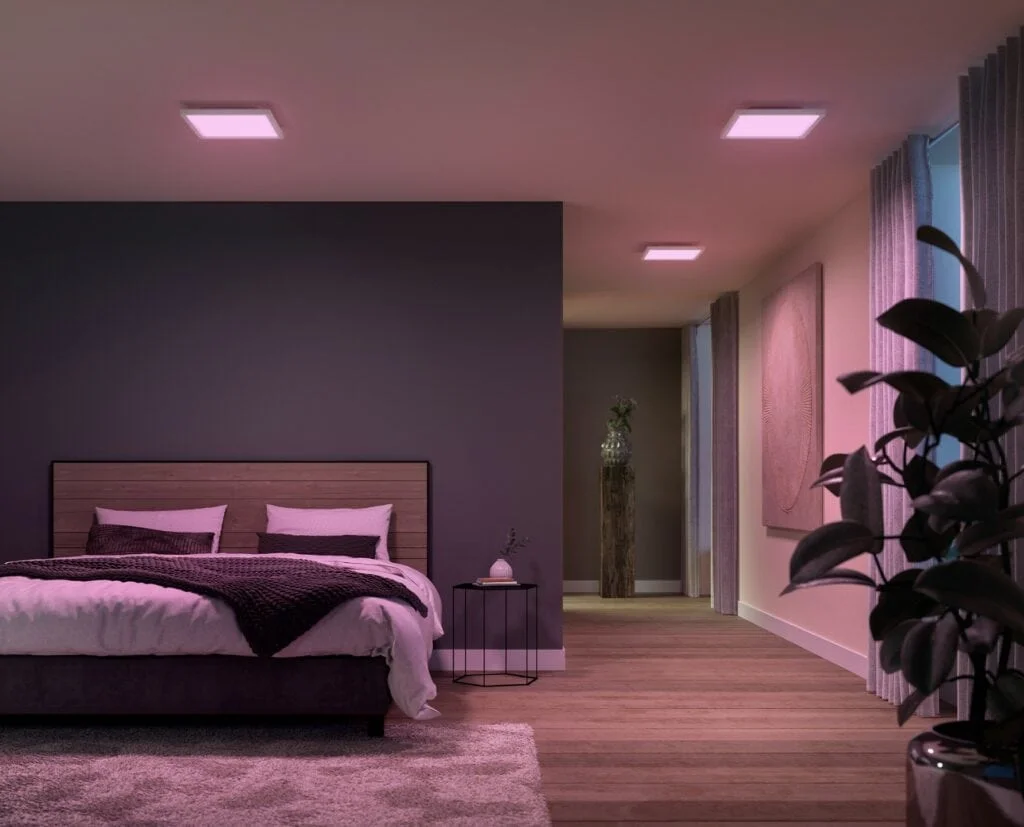 Philips Hue Surimu square panel in white and color ambiance lifestyle - Philips Hue Adds ten time slots to motion sensors + brightness balancer for entertainment areas & new E14 Luster bulb, and panels