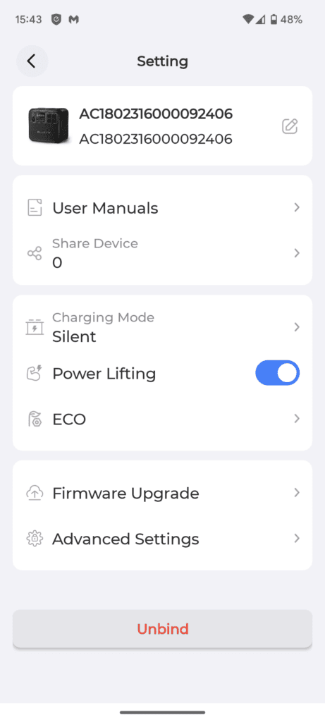 Bluetti App settings 3 - Bluetti AC180 Portable Power Station Review vs EcoFlow Delta 2