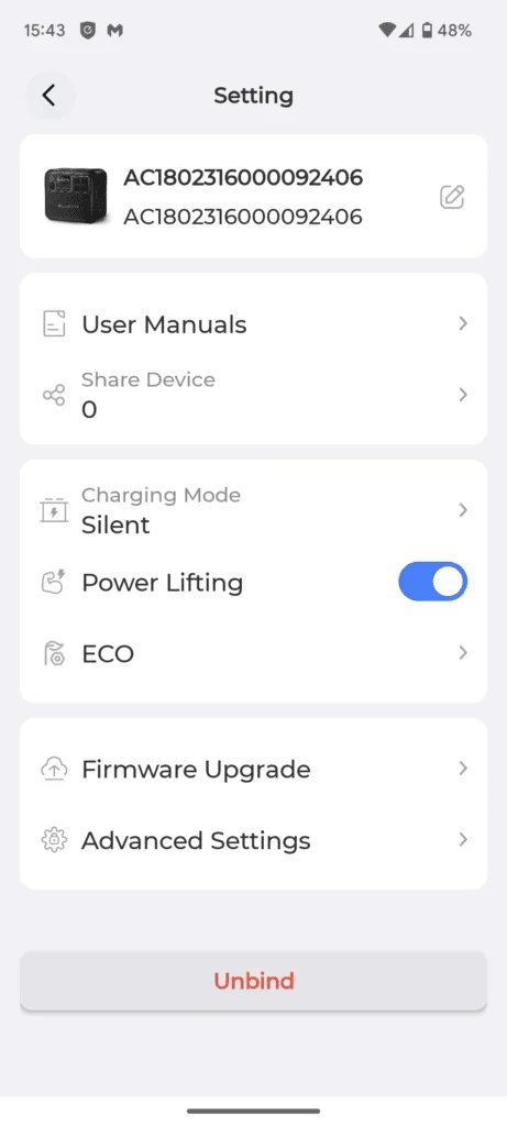 Bluetti App settings 3 - Bluetti AC180 Portable Power Station Review vs EcoFlow Delta 2