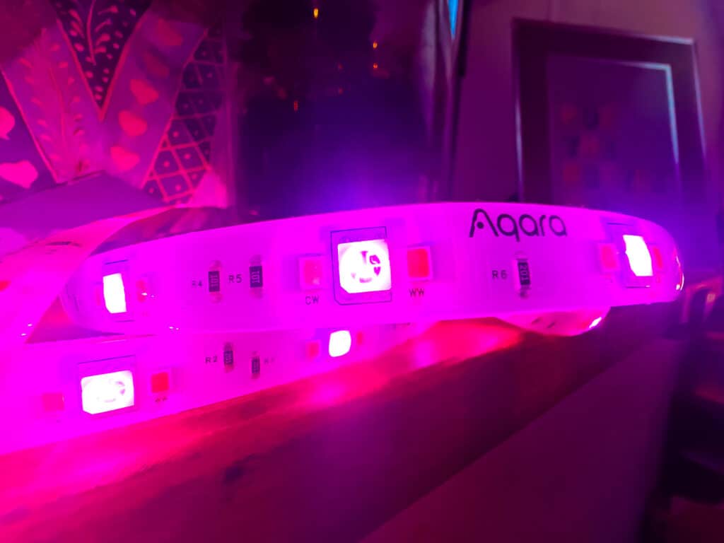 Aqara LED Strip T1 pink LED 2 - Aqara LED Strip T1 Review - RGBCCT Segmented / Gradient Light Strip with Matter & HomeKit Support