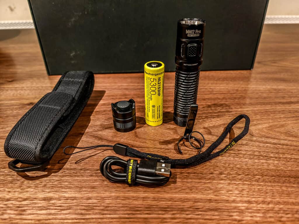 Nitecore MH12 Pro Flashlight Review package contents - Nitecore MH12 Pro Flashlight Review: 3300 Lumen USB-C Rechargeable Flashlight