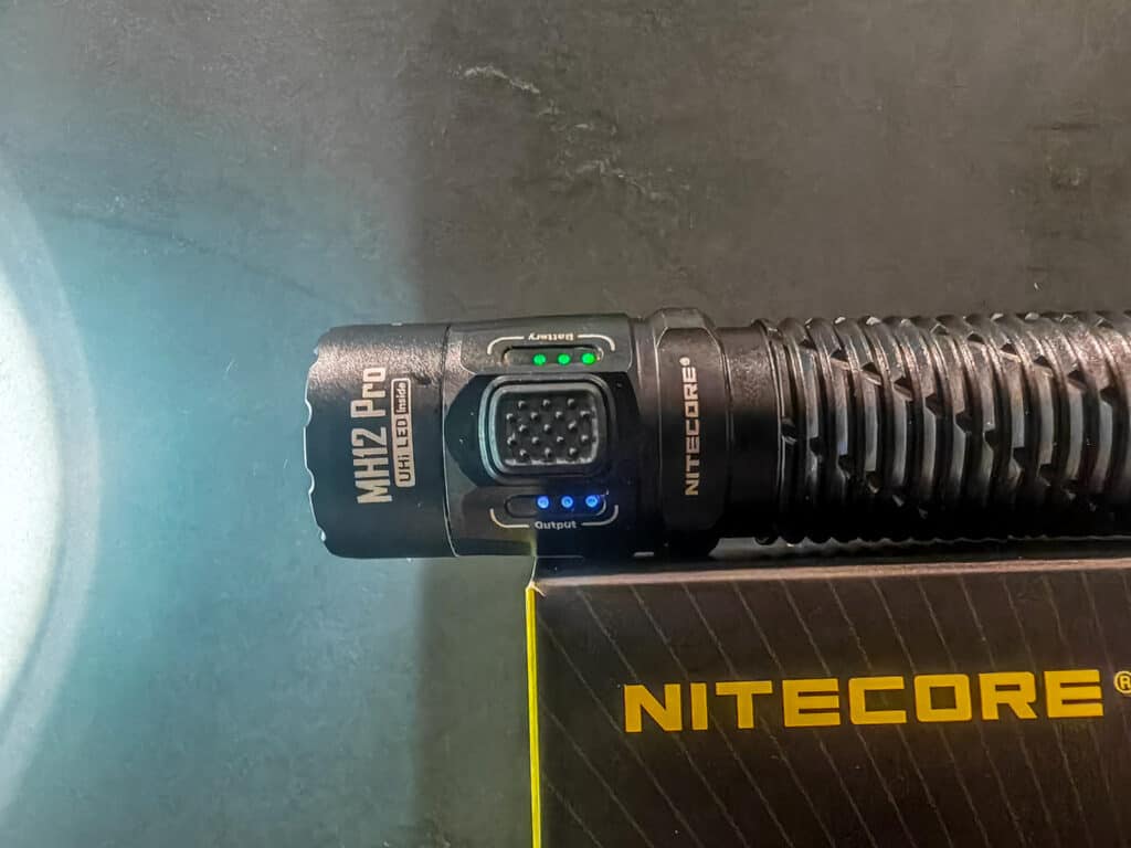 Nitecore MH12 Pro Flashlight Review power and battery LED - Nitecore MH12 Pro Flashlight Review: 3300 Lumen USB-C Rechargeable Flashlight