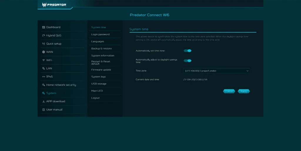 System Settings - Acer Predator Connect W6 Wi-Fi 6E Router Review