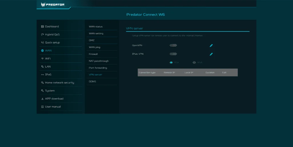 VPN Settings - Acer Predator Connect W6 Wi-Fi 6E Router Review