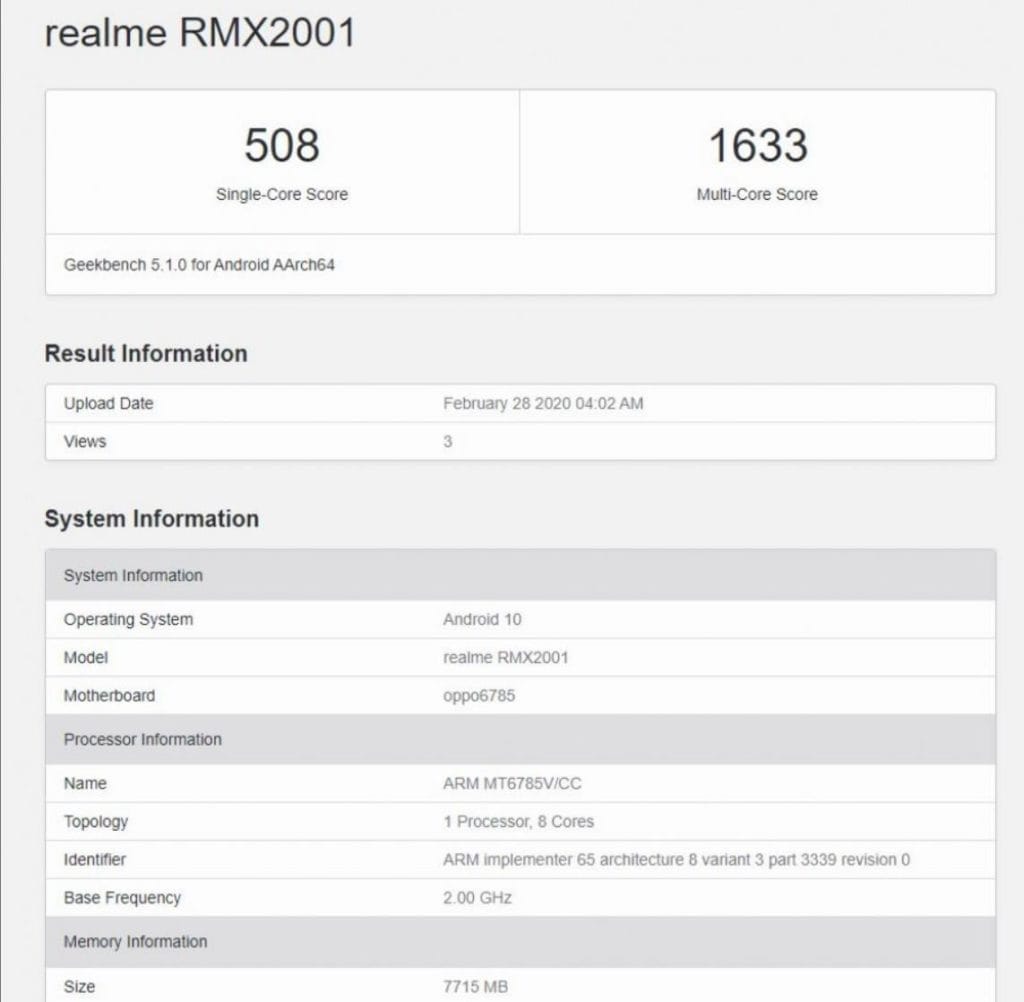 Realme 6 vs Redmi Note 8 Pro - MediaTek Helio G90 Geekbench benchmark revealed showing the performance difference between Helio G90t & Snapdragon 720G of Realme 6 Pro 2 Realme 6 rmx2001 1024x1002 1
