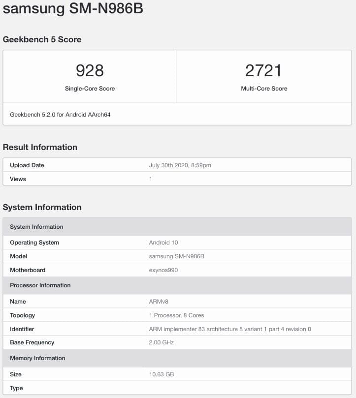 Samsung Galaxy Note 20 – Exynos 990 vs Snapdragon 865+ Geekbench Benchmarks Comparisons – New improved Exynos 990? 2 Samsung Galaxy Note 20 Ultra Exynos 990 SoC