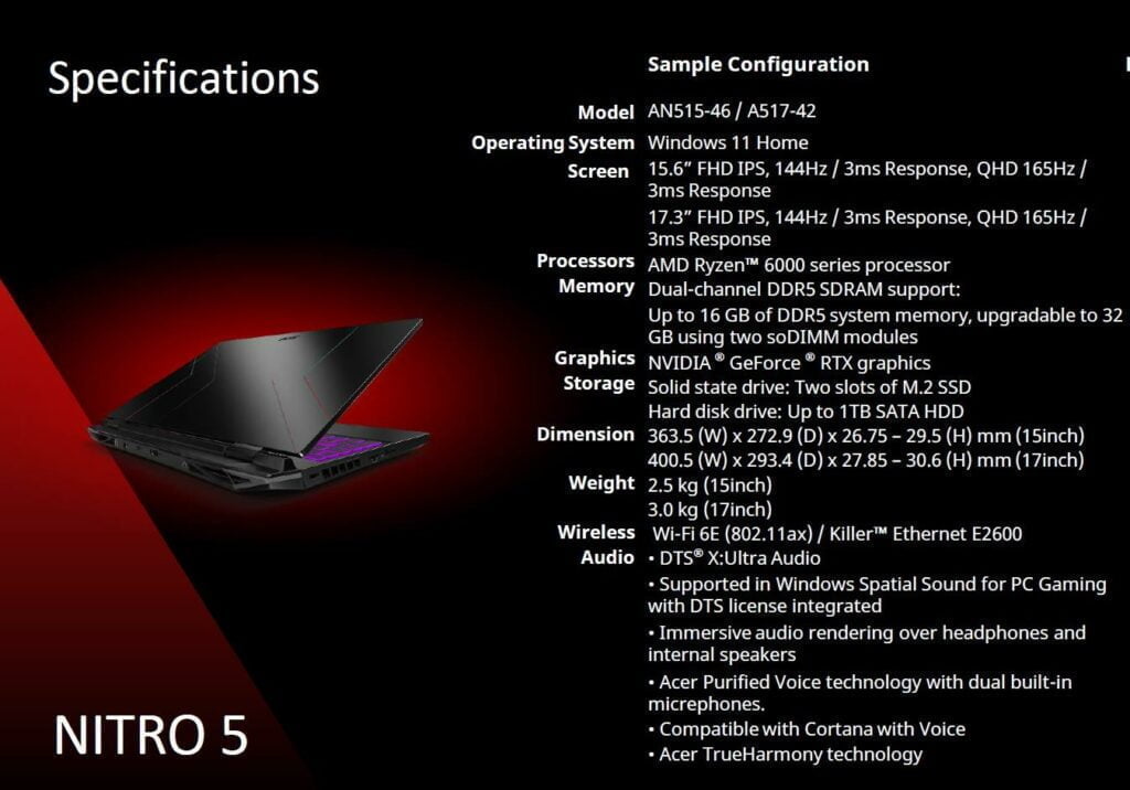 Acer Predator Triton 500 SE Gaming Laptop Announced with Nvidia RTX 3080 Ti & Core i9-12900H + New Helios 300 (PH315-55) 5 Acer Nitro 5 specification 1024x716 1