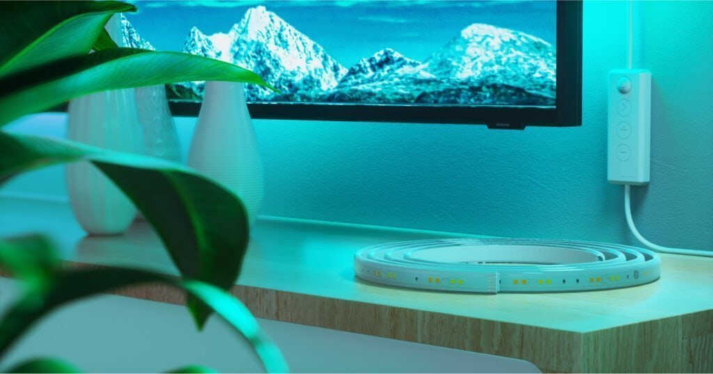 Nanoleaf announces Matter compatible Bulbs & Lightstrips to Essentials Line 2 Essentials Lightstrips Living Room Close Up Greens 1024x537 1