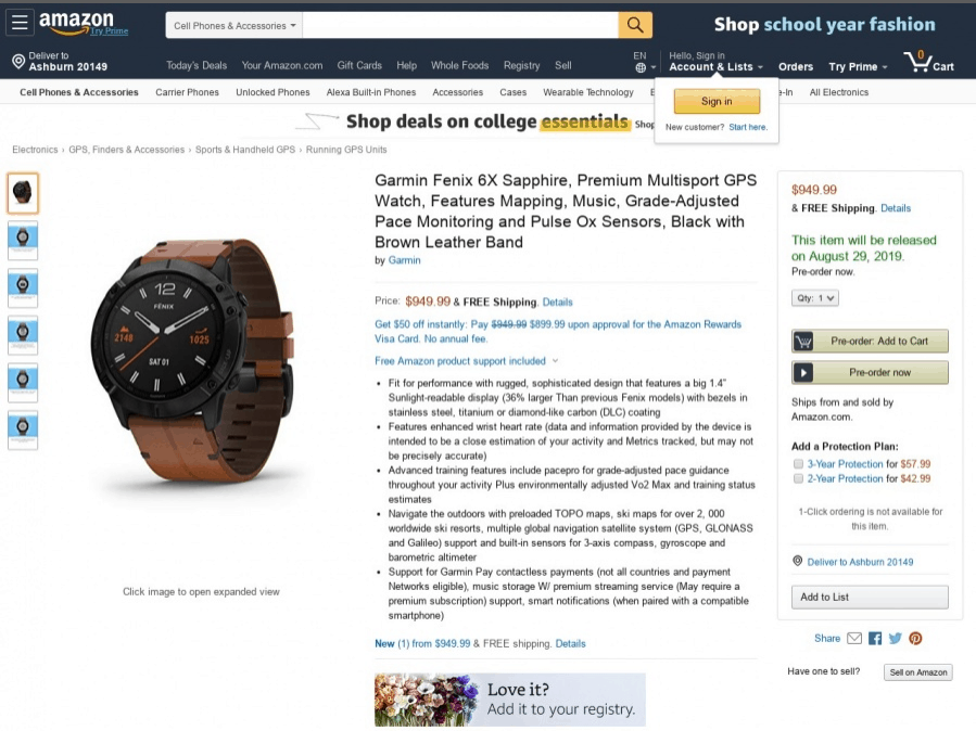 Garmin Fenix 6 series listed on Amazon briefly - 6X Sapphire $950 - 6X Solar $1150 2 Garmin Fenix 6X Sapphire