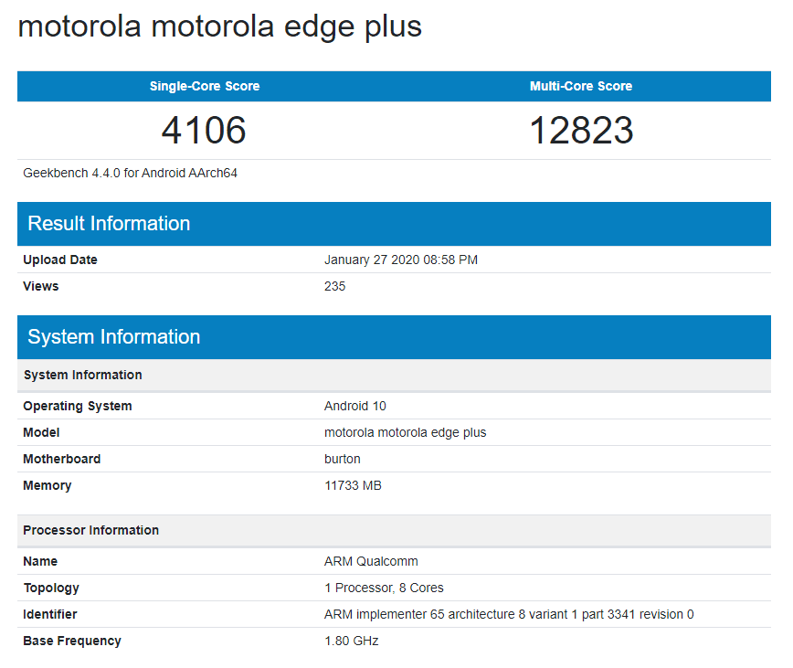 Motorola Edge+ shows up on Geekbench with SD865 and 12GB RAM & is the first flagship device since the 2018 Moto Z3 2 Motorola Edge plus