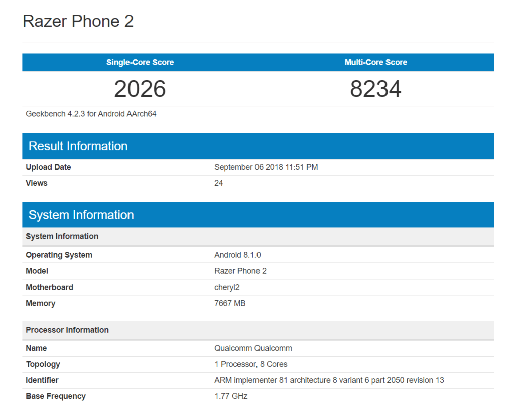 Razer Phone 2 Launches 10th of October - Skips the notch and bezel-less trend includes Chroma RGB 3 Razer Phone 2 Geekbench 1024x819 1
