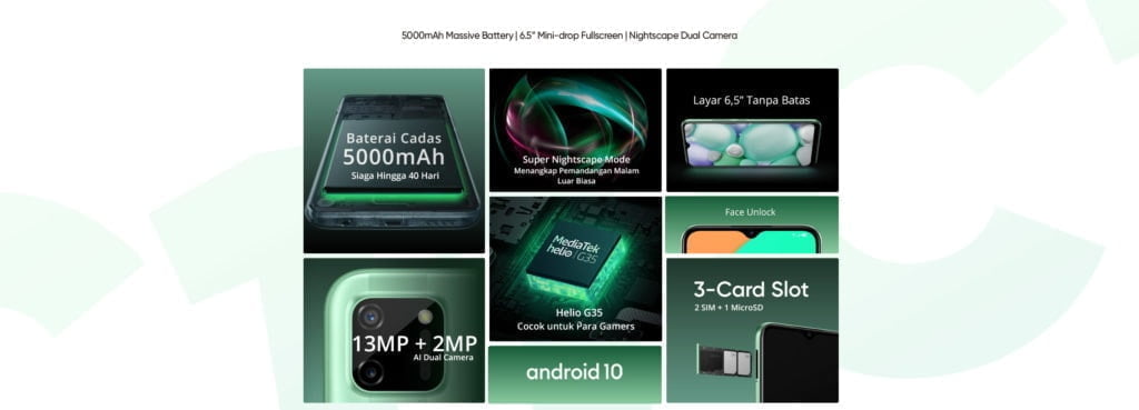 Realme C11 Launched - Cortex A53 based 12nm MediaTek Helio G35 scores 100k+ in Antutu. Phone costs just £82 for 2GB/32GB (in Malaysia) 2 Realme C11 Specification 1024x369 1