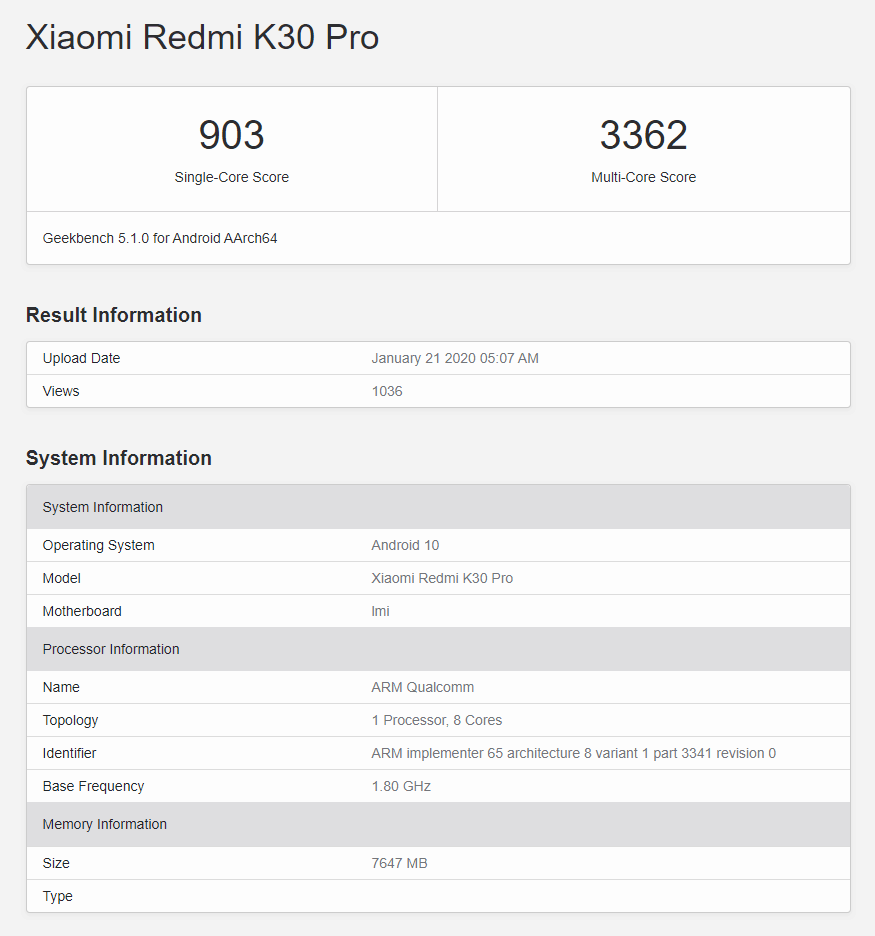 Qualcomm Snapdragon 865 benchmarked on Xiaomi Redmi K30 Pro & Realme X50 Pro with Geekbench and Antutu comfortably beats the MediaTek Dimensity 1000 2 Xiaomi Redmi K30 Pro Geekbench Results