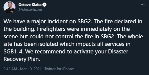 OVHcloud Hosting loses SGB1 data centre in major fire recommending people activate data recovery plan 2