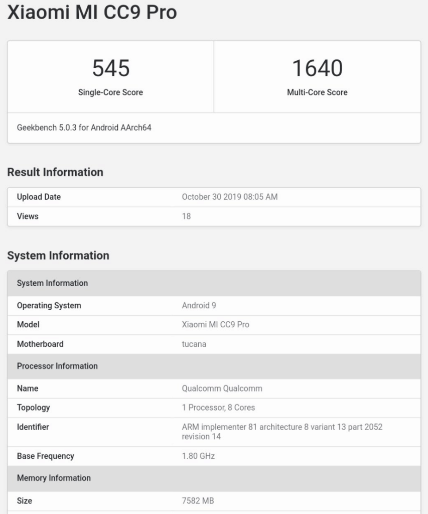 Xiaomi Mi Note 10 Geekbench results confirm it's the Mi CC9 Pro. Mi Note 10 Pro may arrive with Snapdragon 855+ 3 chrome rDc2hpH1Tm 853x1024 1