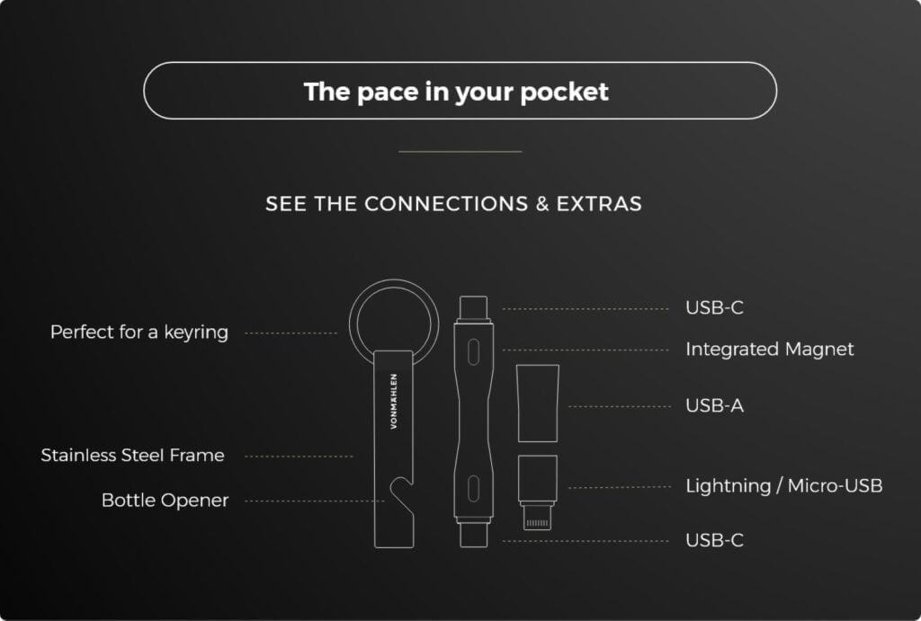 Vonmählen High Six is the worlds smallest key chain charging cable with a USB-C to USB-C cable, a USB- A adapter, and 2 in 1 micro -USB/ lightning adapter 4 vm high six 02 connections extras 1024x691 1
