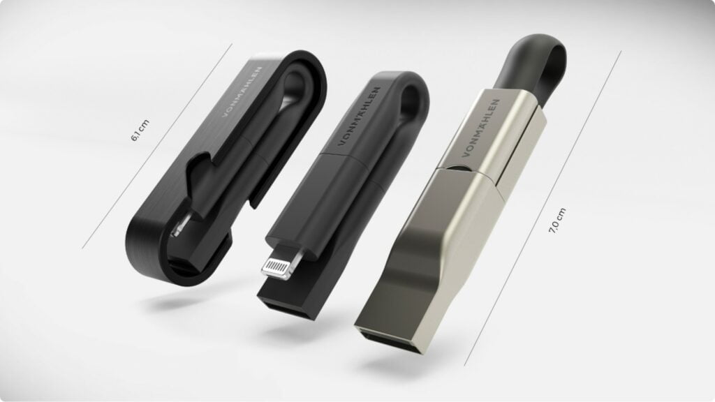 Vonmählen High Six is the worlds smallest key chain charging cable with a USB-C to USB-C cable, a USB- A adapter, and 2 in 1 micro -USB/ lightning adapter 2 vm high six 07 diffence 1024x576 1
