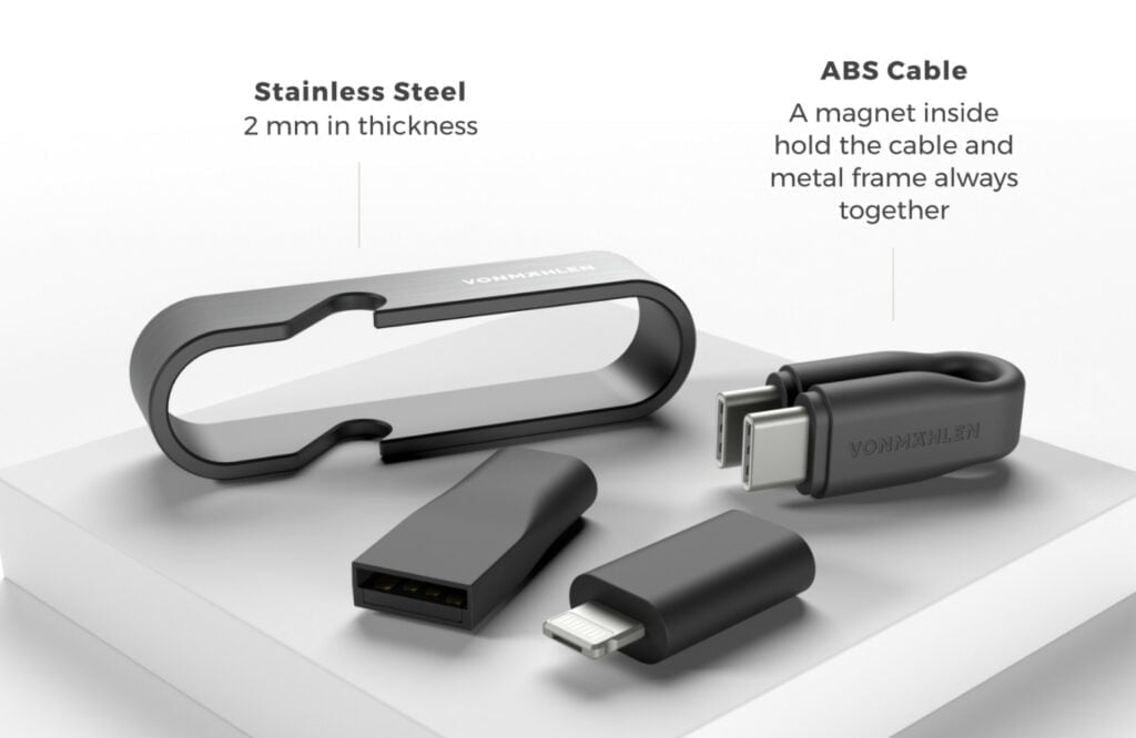 Vonmählen High Six is the worlds smallest key chain charging cable with a USB-C to USB-C cable, a USB- A adapter, and 2 in 1 micro -USB/ lightning adapter 3 vm high six 11 detail 1024x666 1